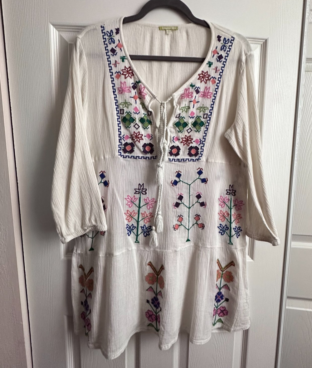 Gianni Bini Womens Large White Gauzy Embroidered Boho Tassle Tie Coverup Tunic - Picture 1 of 9
